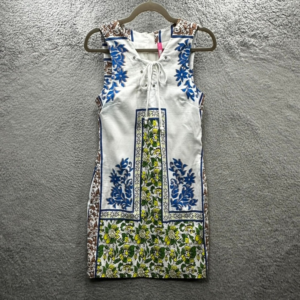 Plenty by Tracy Reese Small Floral Scarf Print Lace Up Shift Dress Colorful EUC